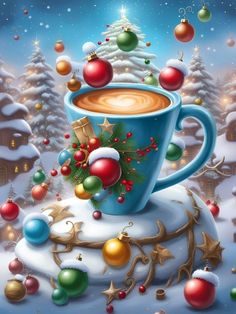 a painting of a cup of coffee on top of a snow covered hill with christmas decorations