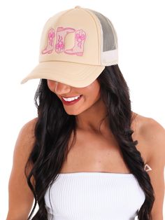 Yeehaw meets style in our Boot Bow Cowgirl Trucker Hat! This quirky hat features cowboy boots with bows that will make any cowgirl stand out. Perfect for a playful and fashionable look. Giddy up and grab one today! Summer Country Style Adjustable Trucker Hat, Country Style Adjustable Trucker Hat For Summer, Adjustable Country Style Trucker Hat For Summer, Country Style Adjustable Trucker Hat For Spring, Adjustable Country Style Trucker Hat For Spring, Casual Beige Hats For Western-themed Events, Summer Country Trucker Hat With Curved Brim, Summer Country Style Trucker Hat With Curved Brim, Country Style Summer Trucker Hat With Curved Brim