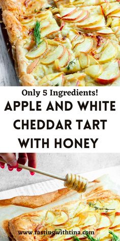 an apple and white cheddar tart with honey is shown in this recipe