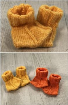 two pictures of knitted baby booties on the floor