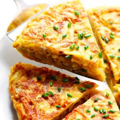 several slices of quiche on a white plate