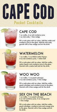 the different types of cocktails are shown in this poster