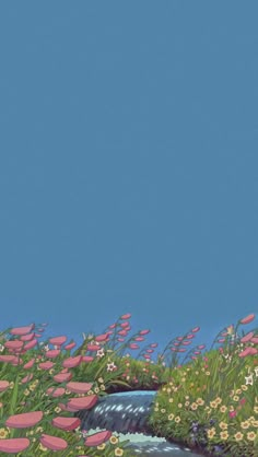 there is a painting of flowers in the grass and water with a blue sky behind it