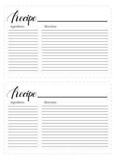 two recipe cards with black ink on white paper, one has the word recipe written in cursive writing