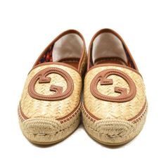 Gucci "Adela" woven raffia espadrilles with leather trim Flat baided-jute heelRound jute-cap toe GG logo at vamp Slip-on style Leather outsole Lining: Fabric Made in Spain Fit: Runs true to size. Size: 38 EU Woven Raffia, Gg Logo, Diaper Backpack, Casual Backpack, Baby Bag, Leather Trims, Flat Shoes Women, Fashion Bags, Shoes Flats