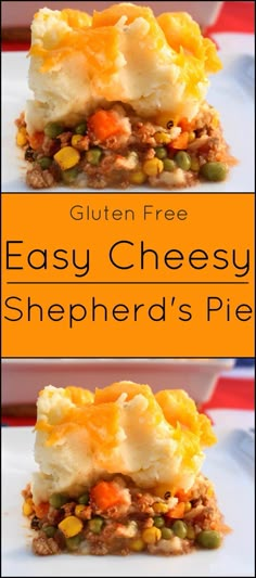 an easy cheesy shepherd's pie is shown with the title text overlay