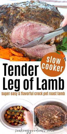 the tender leg of lamb is being cut into pieces and served on a white plate