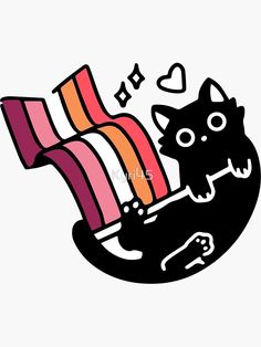 a black cat sitting on top of a chair with a pink and orange striped pillow