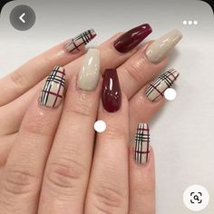 Fall Nails Maroon And Gold, Marron Nails Designs, Burgundy Nail Art Fall, Maroon Plaid Nails, Burberry Acrylic Nails, Fall Flannel Nails, September Colors Nails, Fall Burberry Nails, September Acrylic Nails