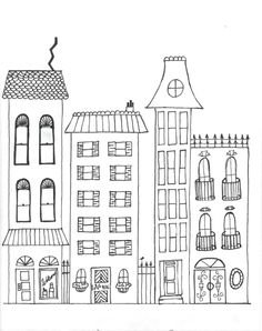 a black and white drawing of buildings with windows on each side, one building has a clock at the top