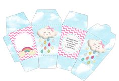 some paper tags with clouds and rainbows on them