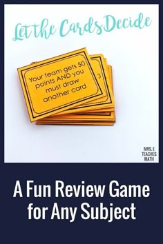 four yellow cards with the words, a fun review game for any subject on them