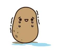 a cartoon potato with eyes closed and water droplets on its face, standing in front of a white background