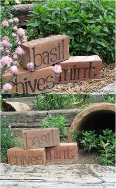 some bricks with words written on them in front of plants and flowers, one is made out of wood