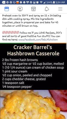 the menu for cracker barrel's hashbrown casserole