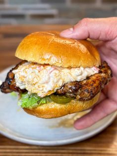 a hand holding a chicken sandwich on a white plate