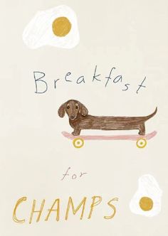 a drawing of a dachshund riding a skateboard with eggs floating above it