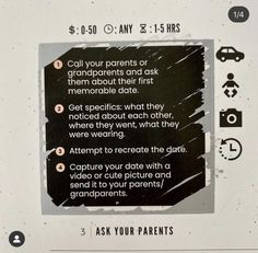 a sign with instructions on how to use the camera for your parents'photographs and their first memorable date