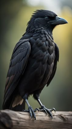 a black bird sitting on top of a wooden post