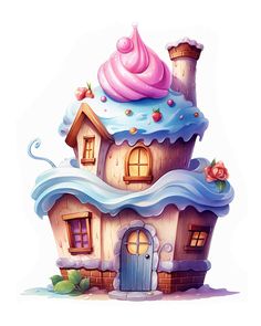 a cartoon house with a pink frosted ice cream on it's roof and windows