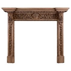 an ornate wooden fireplace mantel with carvings on the front and sides, isolated against a white background