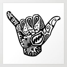 a black and white drawing of a hand with designs on it