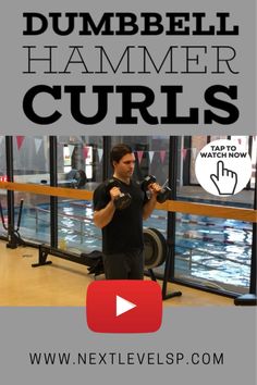 a man is doing dumbbell hammer curls in front of a window with the words, dumbbell hammer curls