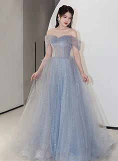 Off Shoulder Light Blue Tulle Long Party Dress, Shiny Tulle A-line Pro – BeautyDressy Light Blue Sparkly Prom Dresses, Long Party Gowns, Blue Ball Gowns, A Line Prom Dress, Long Party Dress, High Low Prom Dresses, Light Blue Dress, Gowns Dresses Elegant, Dress Light Blue