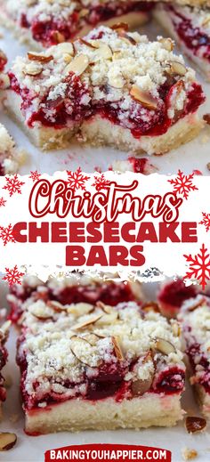 Christmas Cheesecake Bars | Baking You Happier Cherry Cheesecake Candy Cane, Great Holiday Desserts, Christmas Party Food Sweets, Easy Show Stopper Desserts, Desserts That Go With Soup, Christmas Cheesecake Bars Recipes, Christmas Cherry Cheesecake, Christmas Cherry Bars Recipe, Cherry Pie Squares