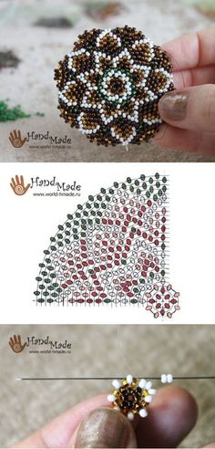 the beaded flower is being held by someone's hand, and they are made from seed beads