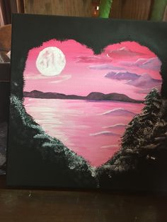 a painting of a heart with the moon in the background