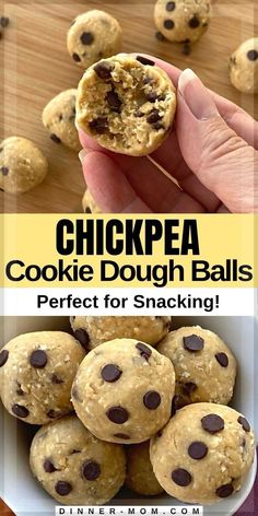 a person holding a cookie dough ball in their hand and the words chickpea on it