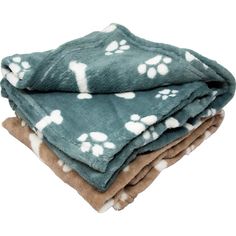 three blankets are stacked on top of each other with white paw prints and brown spots