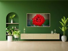 a living room with green walls and a red rose on the wall in the center