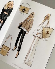 an open book with drawings of women's clothes and purses