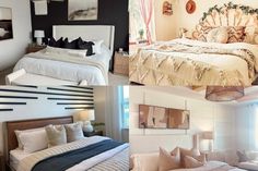 there are pictures of different beds in the same room, each with pillows and blankets on them