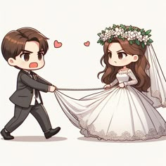 a bride and groom are pulling the wedding dress on a string with their faces drawn