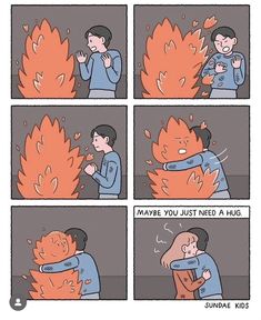 a comic strip with an image of a man in front of a fire and the caption says, maybe you just need a faq