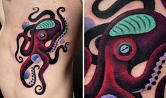 an octopus tattoo on the side of a woman's leg and another image of an octopus