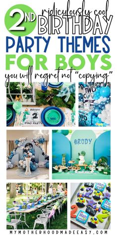 two birthday party themes for boys, including blue and green theme with text overlay