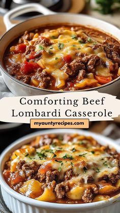 this comforting beef lombardi casserole is made with ground beef, cheese and tomatoes