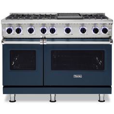 a blue stove with four burners and two oven doors on each side, in front of a white background