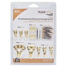 the brass plated hardware kit is packaged in a plastic package with two handles and several clips