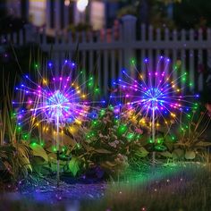 colorful fireworks are lit up in the night sky above some plants and flowers on grass