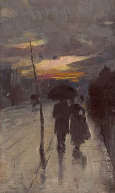 two people walking down the street with umbrellas under an overcast sky at sunset