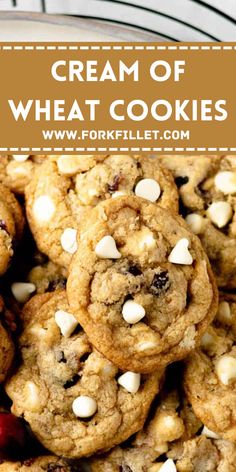 a plate full of cookies with white chocolate chips and cherries on top, text overlay reads cream of wheat cookies