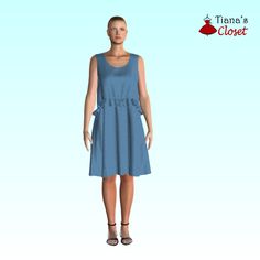 a woman in a blue dress is standing on a white background with the words time's closet above her head