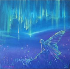 a painting of a fairy sitting on the ground in front of an aurora borent