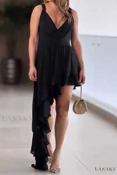 Lasaky - Asymmetrical V-Neck Backless Solid Dress with Elegant Irregular Design Irregular Dress, Dress Sleeve Length, Asymmetrical Neckline, Dresses By Length, Maxi Dress Party, Boho Stil, Solid Dress, Long Blouse, Black Maxi Dress