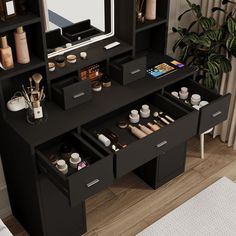 a black desk with drawers and makeup on it